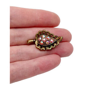Vintage Brass Pink AB Rhinestone Leaf Brooch Pin Petite Delicate Feminine 1.25"